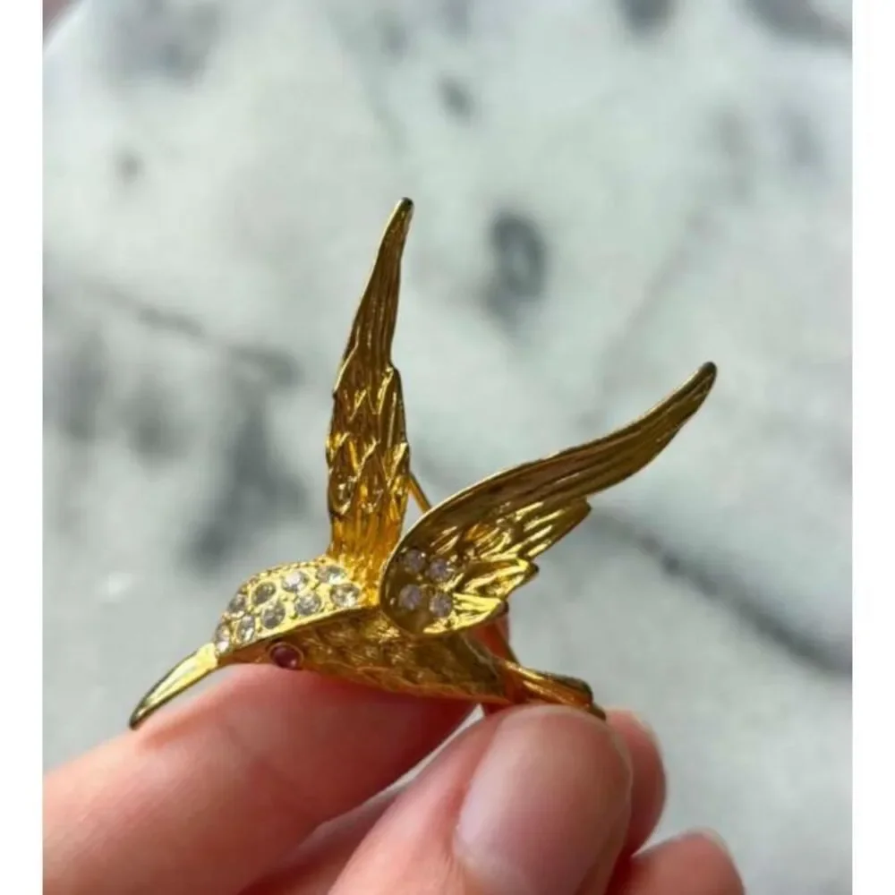 Vintage Gold Tone Hummingbird Brooches Pins Rhinestones Red Eye 1960s Lot of 2